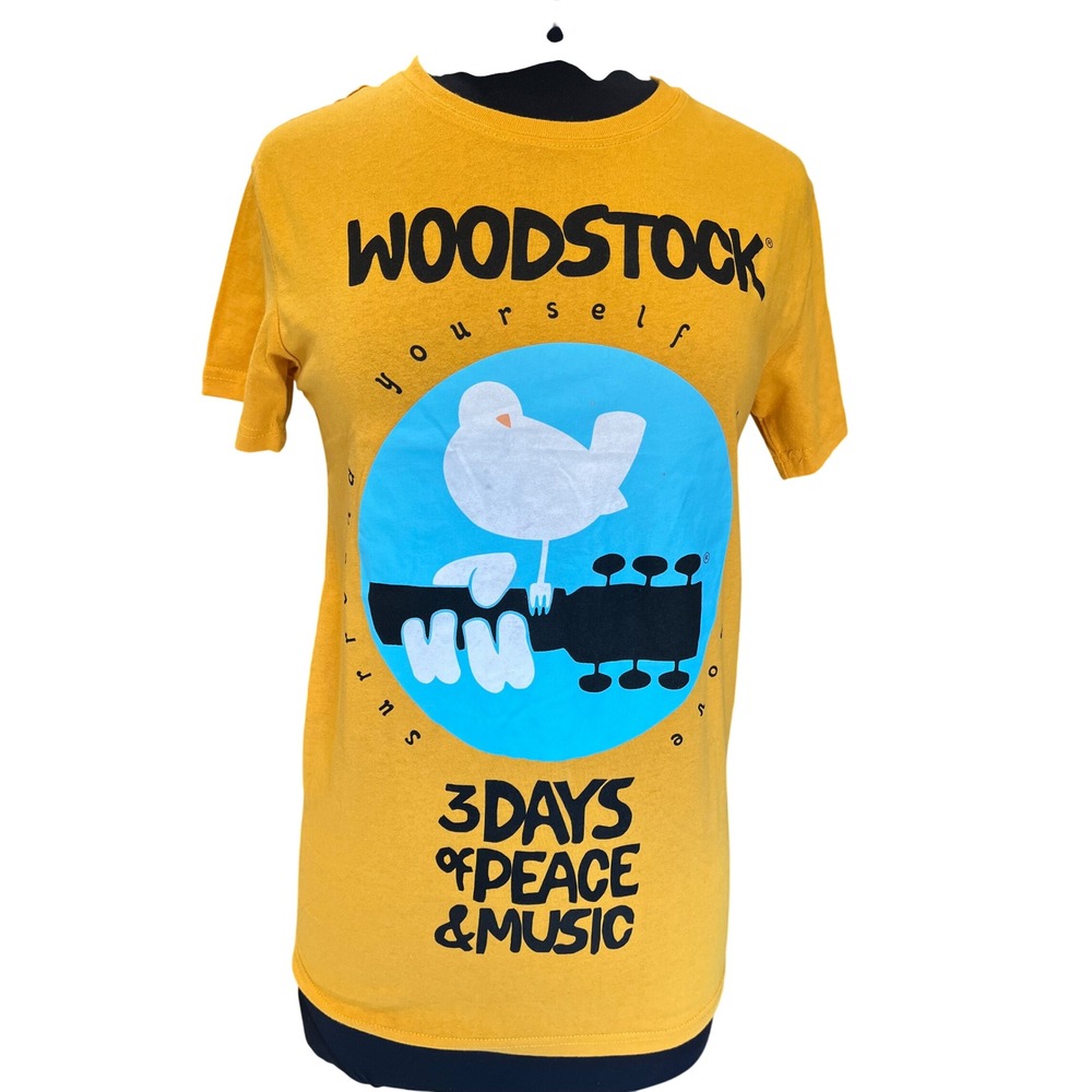 Woodstock Graphic T-Shirt Womens Small Yellow 3 Days of Peace & Music NWT